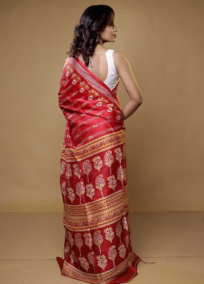 Red Printed Pure Silk Saree Without Blouse Piece