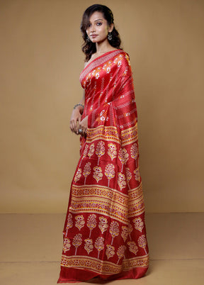 Red Printed Pure Silk Saree Without Blouse Piece