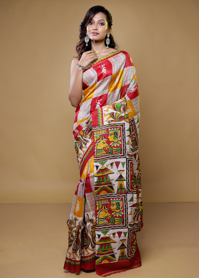 Cream Printed Pure Silk Saree Without Blouse Piece