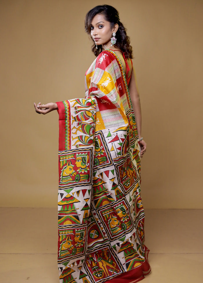 Cream Printed Pure Silk Saree Without Blouse Piece