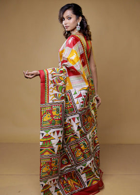 Cream Printed Pure Silk Saree Without Blouse Piece