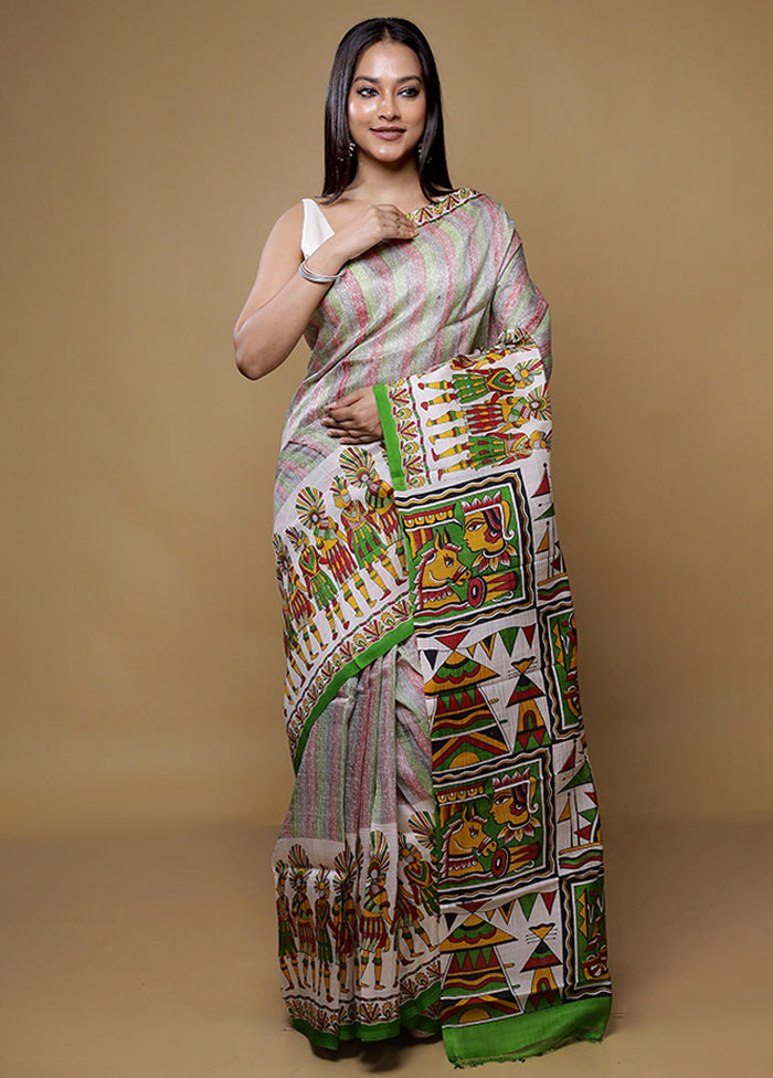 Cream Printed Pure Silk Saree Without Blouse Piece