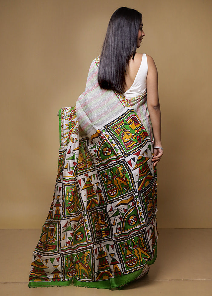 Cream Printed Pure Silk Saree Without Blouse Piece