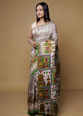 Cream Printed Pure Silk Saree Without Blouse Piece