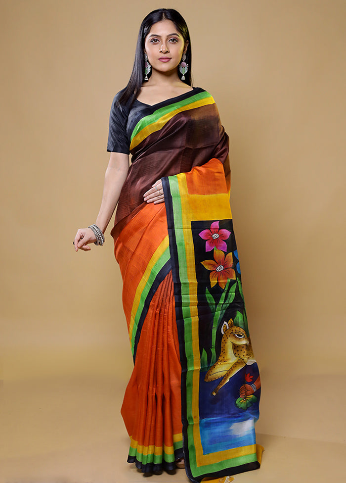 Rust Printed Pure Silk Saree Without Blouse Piece