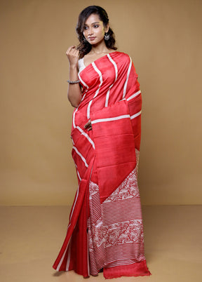 Red Printed Pure Silk Saree Without Blouse Piece