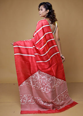 Red Printed Pure Silk Saree Without Blouse Piece