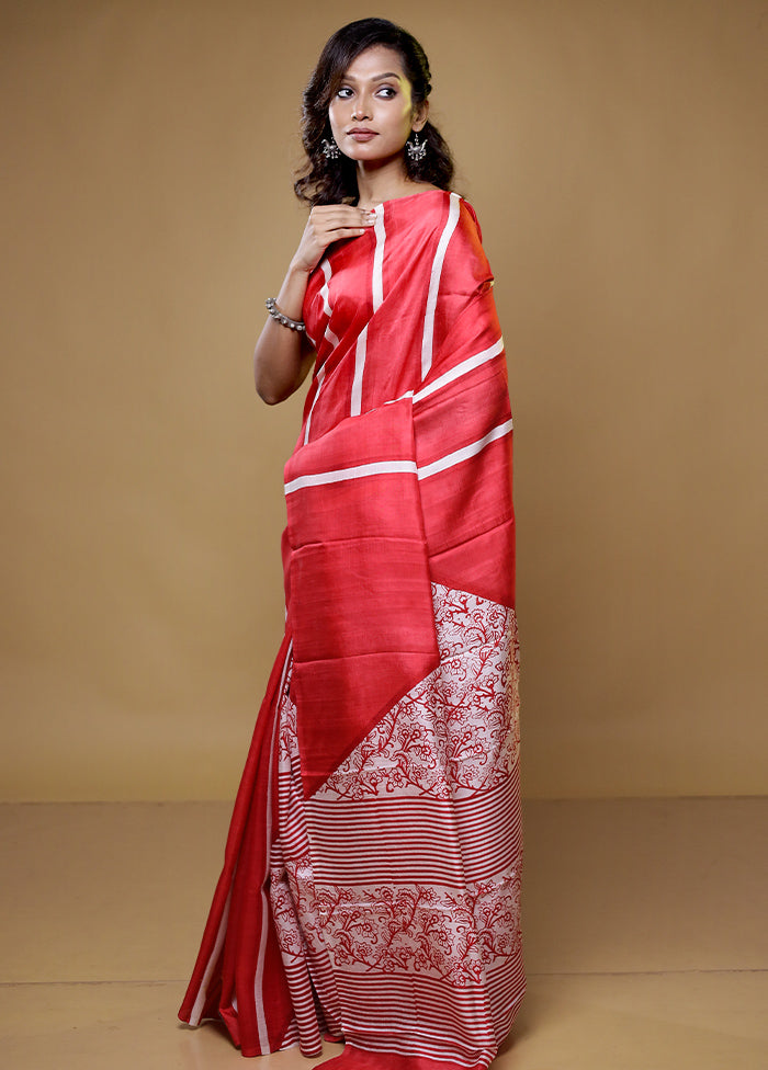 Red Printed Pure Silk Saree Without Blouse Piece