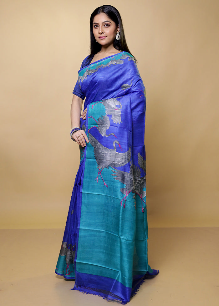 Blue Printed Pure Silk Saree Without Blouse Piece