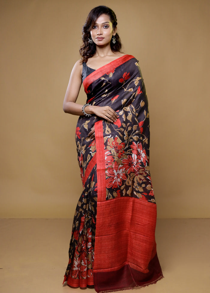 black Printed Pure Silk Saree Without Blouse Piece