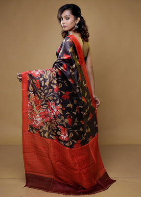 black Printed Pure Silk Saree Without Blouse Piece