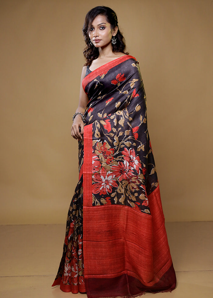 black Printed Pure Silk Saree Without Blouse Piece