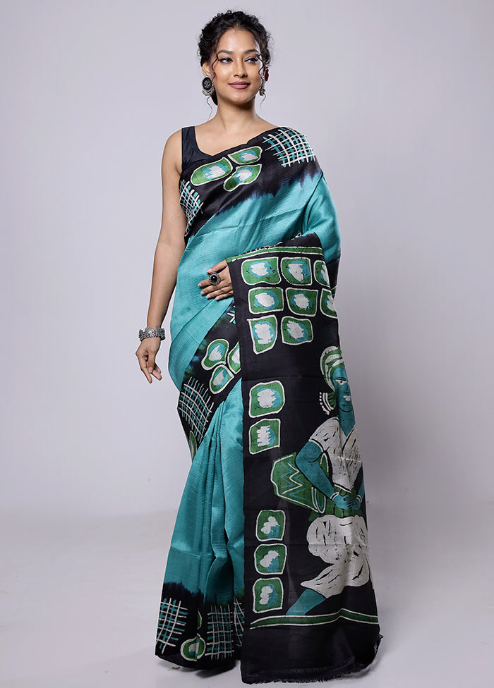 Blue Printed Pure Silk Saree Without Blouse Piece