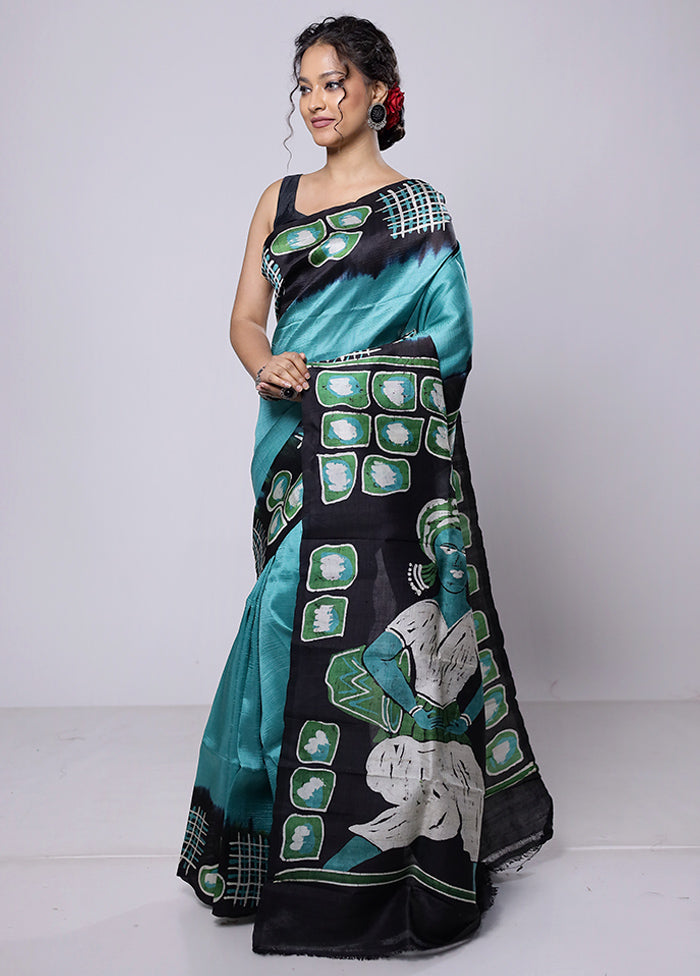 Blue Printed Pure Silk Saree Without Blouse Piece