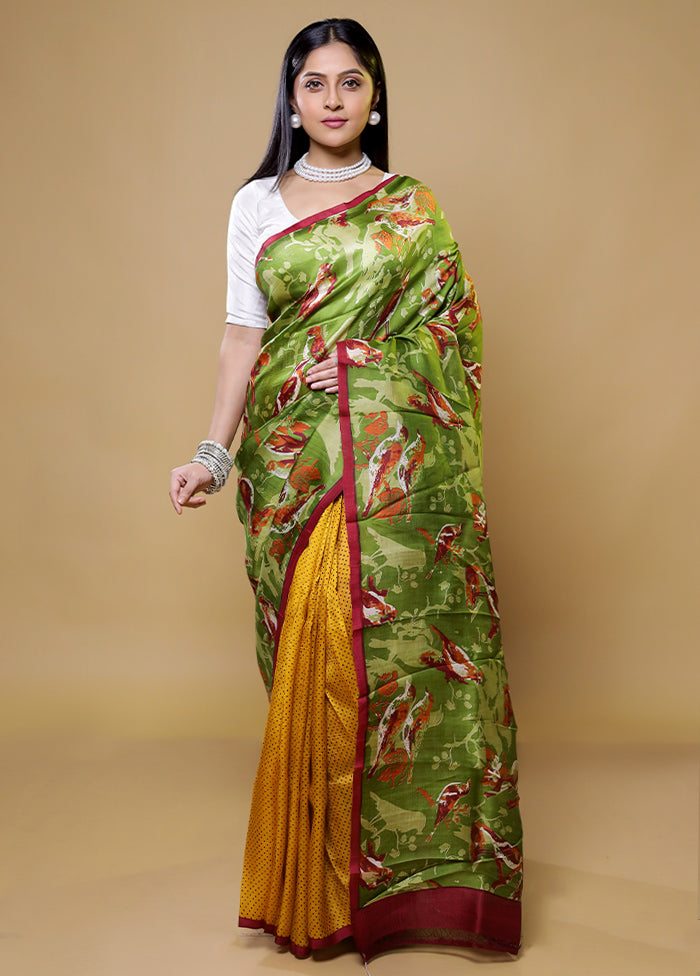 Green Printed Pure Silk Saree Without Blouse Piece