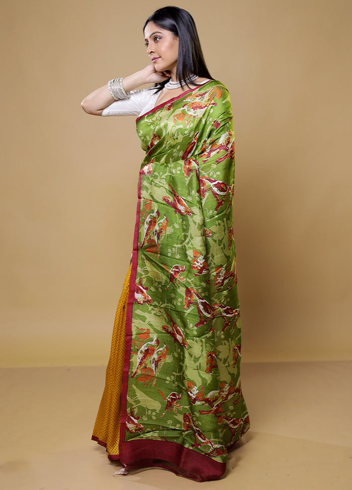 Green Printed Pure Silk Saree Without Blouse Piece