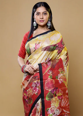 Yellow Printed Pure Silk Saree Without Blouse Piece