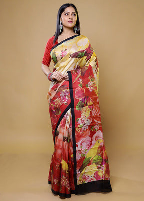 Yellow Printed Pure Silk Saree Without Blouse Piece