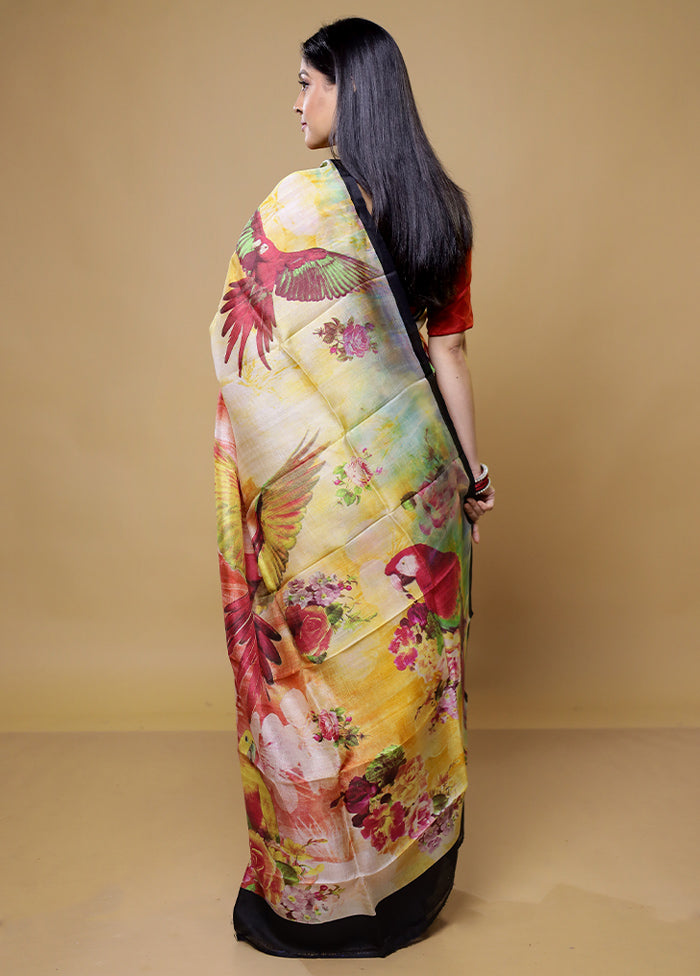 Yellow Printed Pure Silk Saree Without Blouse Piece