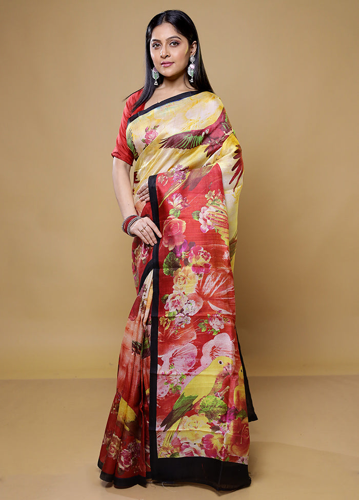 Yellow Printed Pure Silk Saree Without Blouse Piece