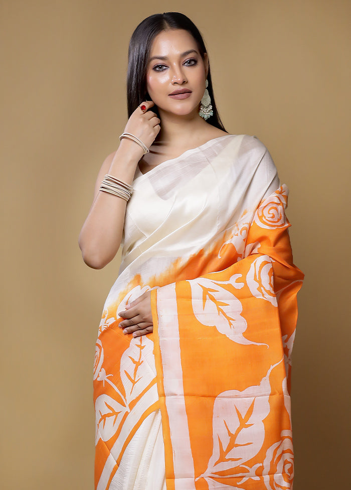 Cream Printed Pure Silk Saree Without Blouse Piece