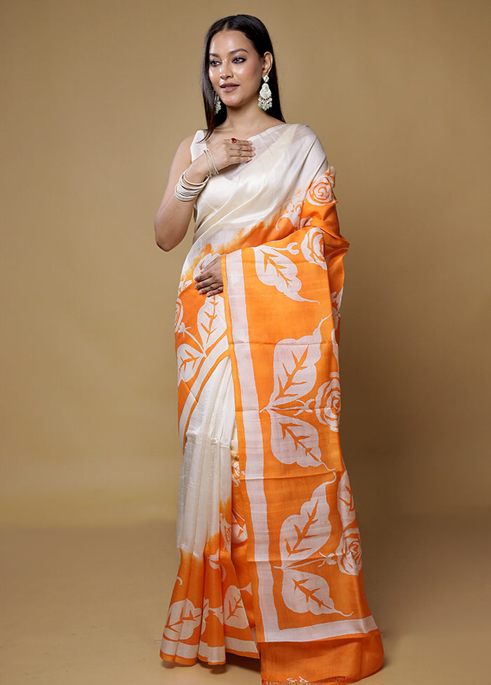 Cream Printed Pure Silk Saree Without Blouse Piece