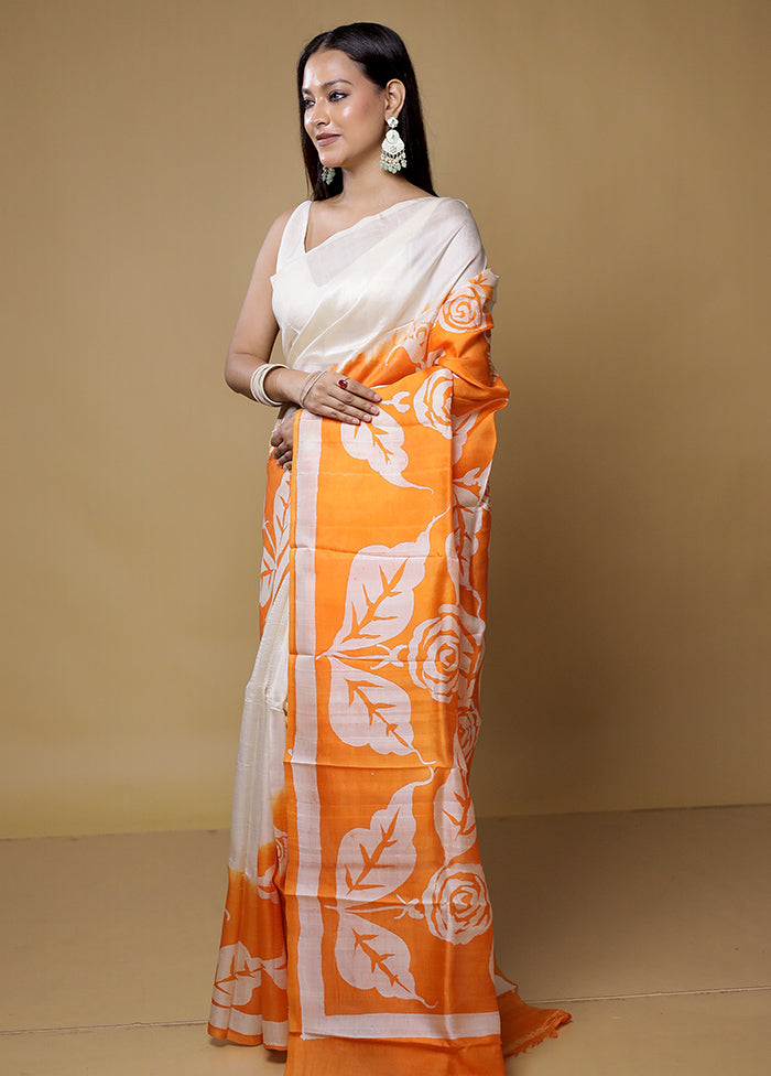 Cream Printed Pure Silk Saree Without Blouse Piece