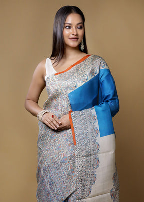 Blue Printed Pure Silk Saree Without Blouse Piece