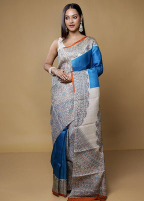 Blue Printed Pure Silk Saree Without Blouse Piece