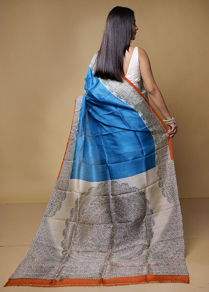 Blue Printed Pure Silk Saree Without Blouse Piece