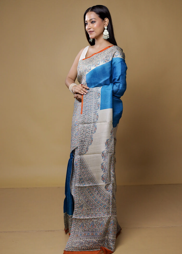 Blue Printed Pure Silk Saree Without Blouse Piece