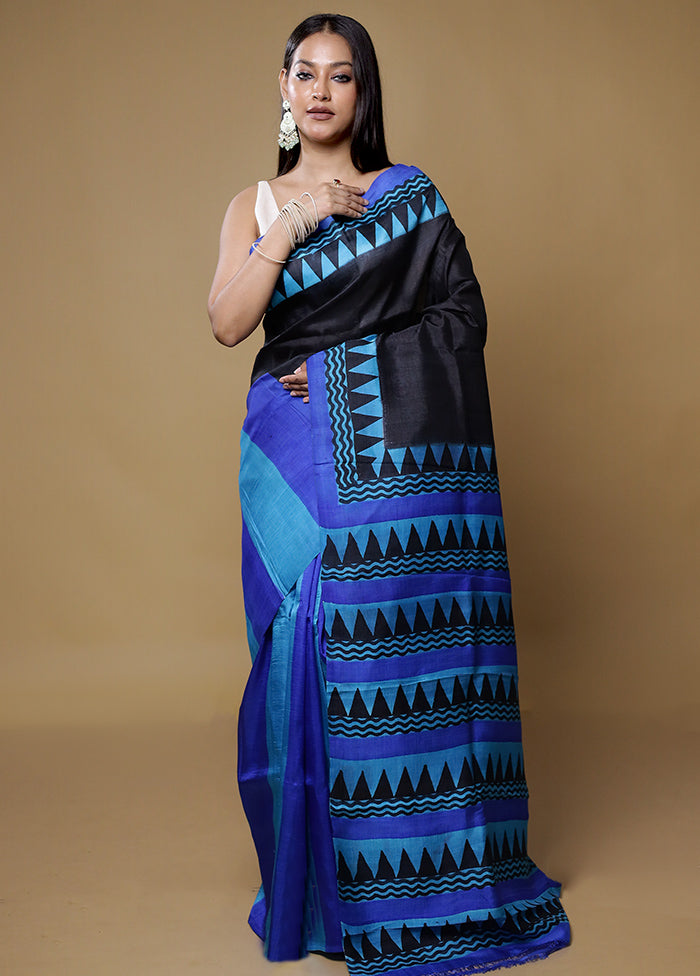 Black Printed Pure Silk Saree Without Blouse Piece