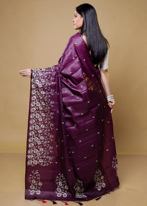 Purple Tussar Silk Saree With Blouse Piece