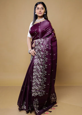 Purple Tussar Silk Saree With Blouse Piece