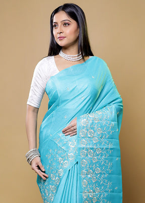 Blue Tussar Silk Saree With Blouse Piece