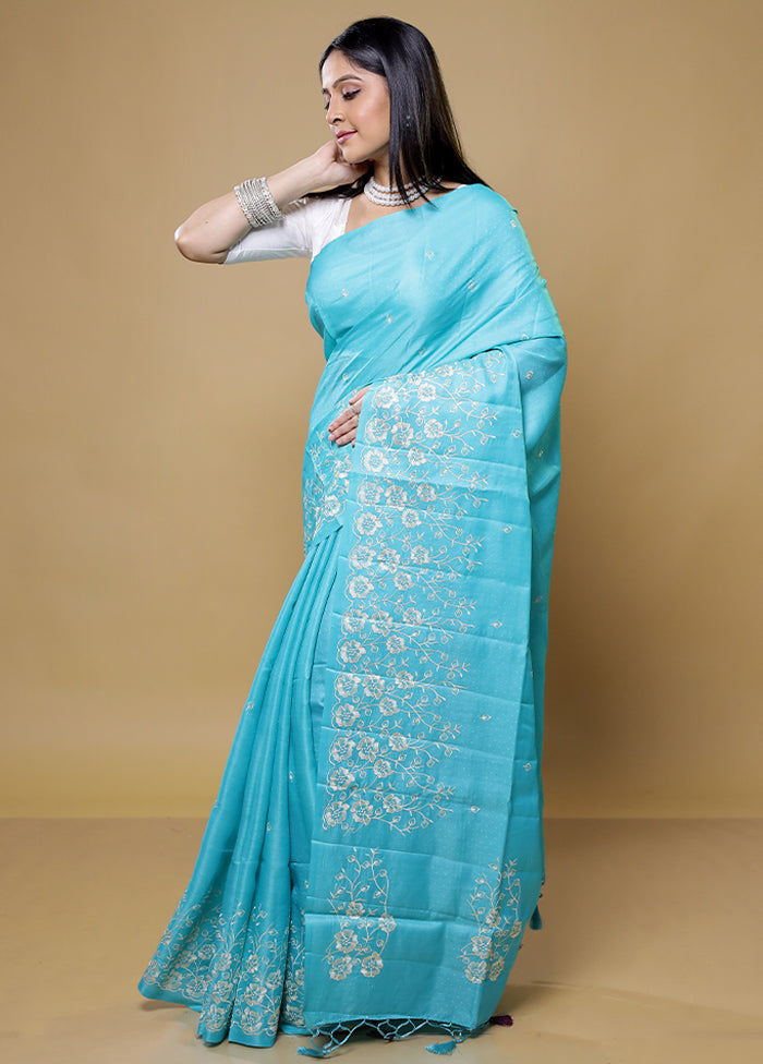 Blue Tussar Silk Saree With Blouse Piece