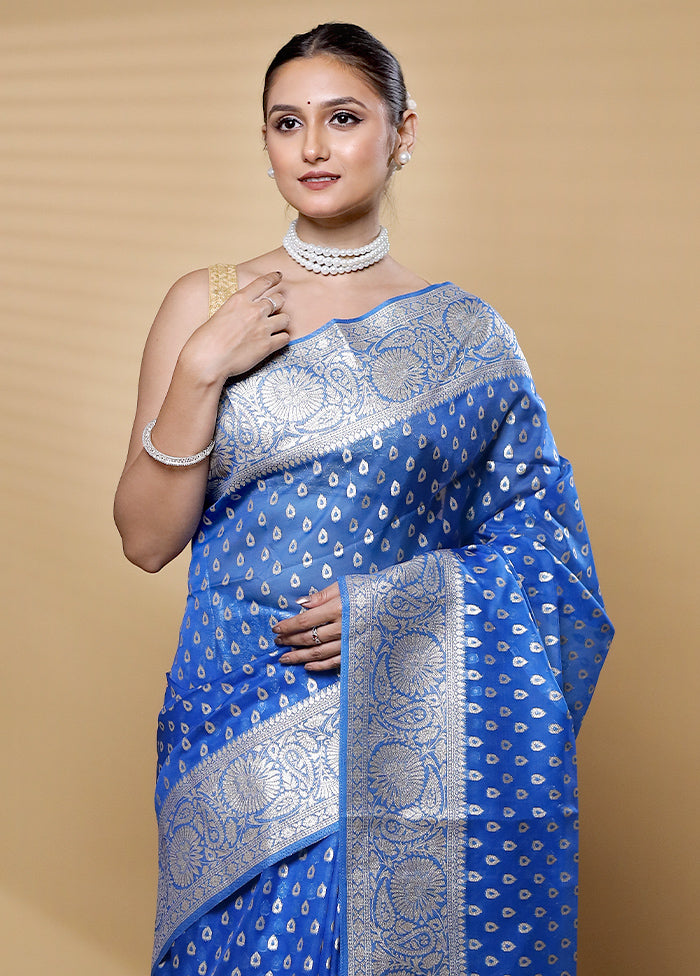 Blue Dupion Silk Saree With Blouse Piece