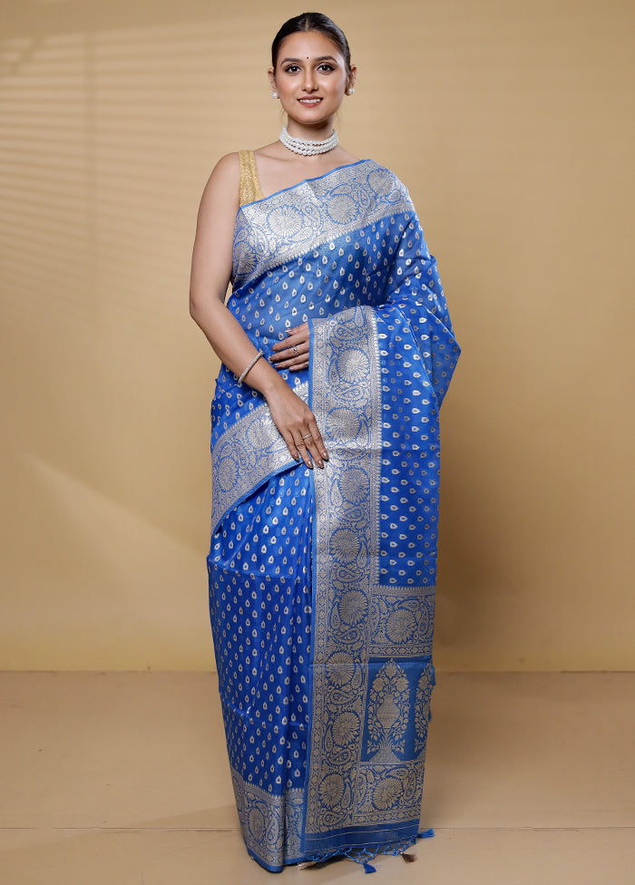 Blue Dupion Silk Saree With Blouse Piece