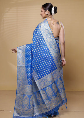 Blue Dupion Silk Saree With Blouse Piece