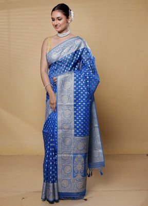 Blue Dupion Silk Saree With Blouse Piece