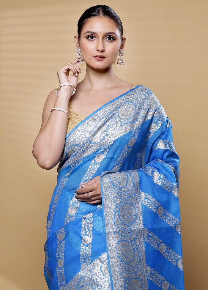 Blue Dupion Silk Saree With Blouse Piece