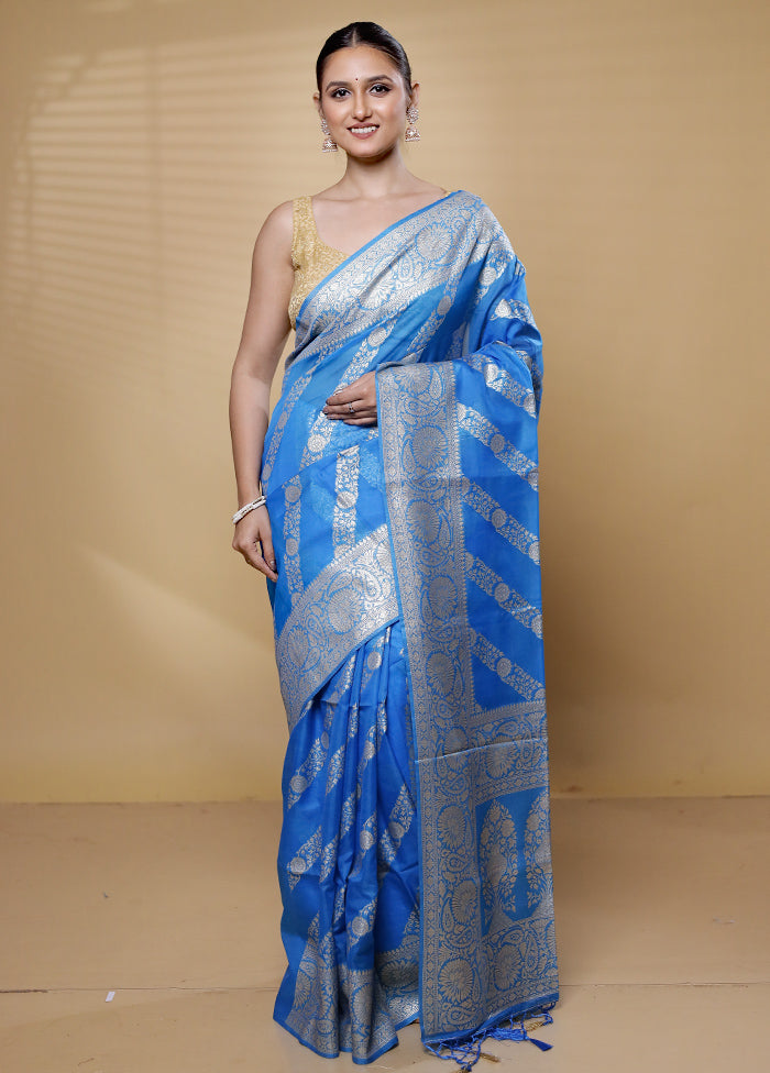 Blue Dupion Silk Saree With Blouse Piece