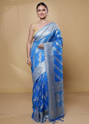 Blue Dupion Silk Saree With Blouse Piece