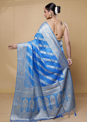 Blue Dupion Silk Saree With Blouse Piece