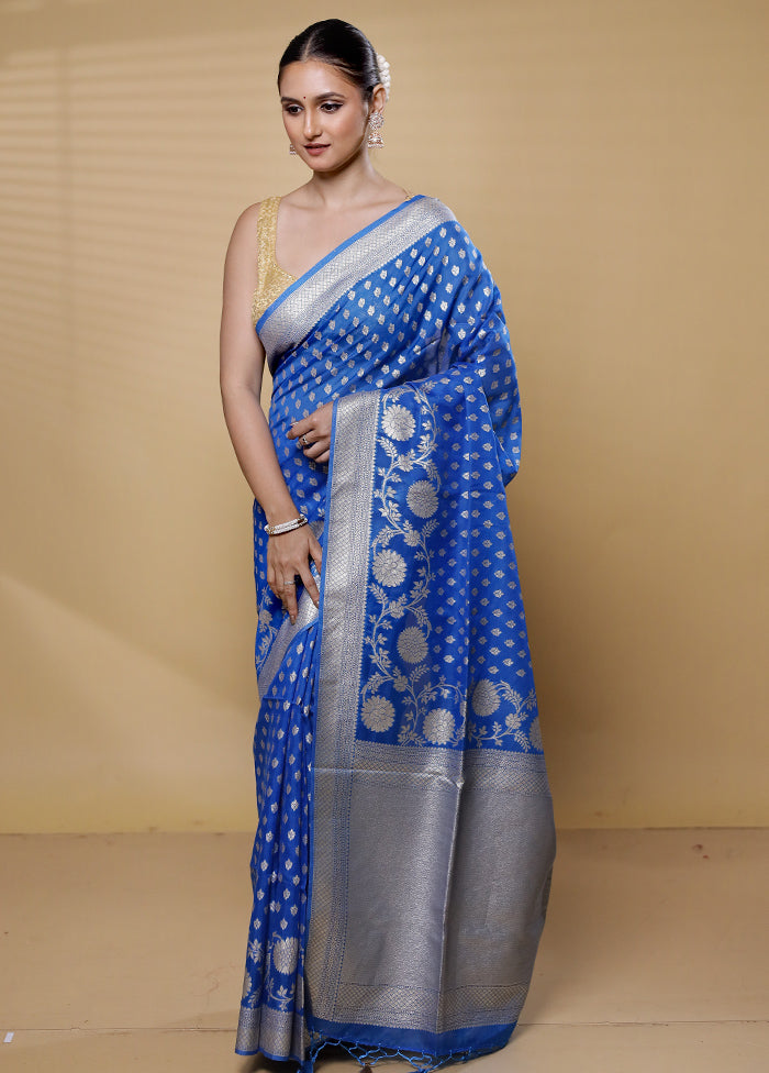 Blue Dupion Silk Saree With Blouse Piece