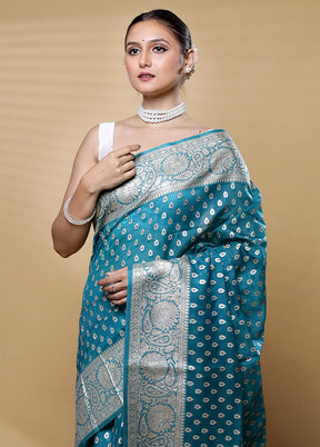 Blue Dupion Silk Saree With Blouse Piece