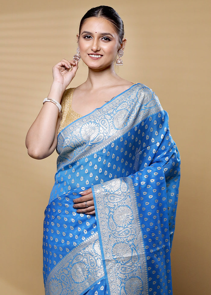 Blue Dupion Silk Saree With Blouse Piece