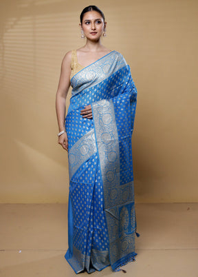 Blue Dupion Silk Saree With Blouse Piece