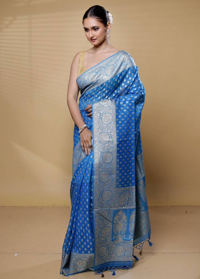 Blue Dupion Silk Saree With Blouse Piece