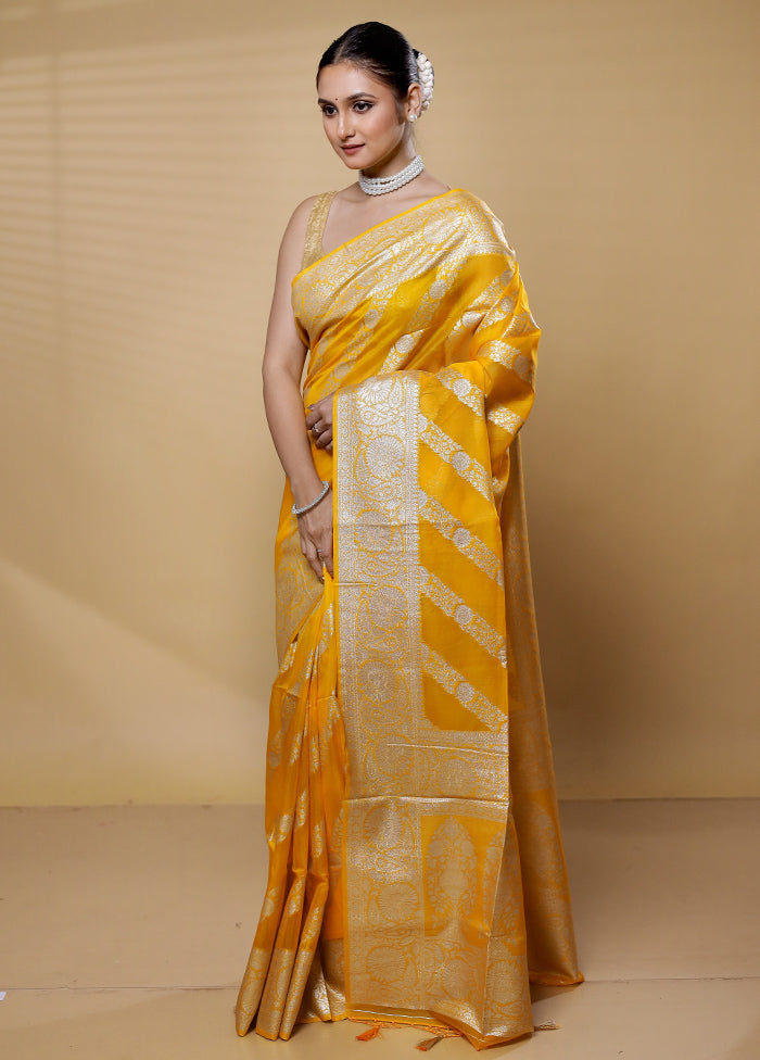 Yellow Dupion Silk Saree With Blouse Piece